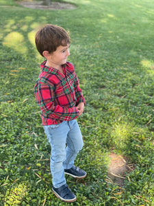 Jingle Bell Plaid Long Sleeve Button-Up