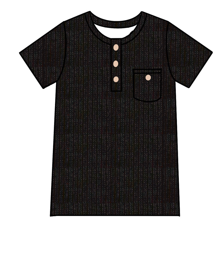 Black Ribbed Henley (Thin Ribbed)
