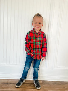 Jingle Bell Plaid Long Sleeve Button-Up