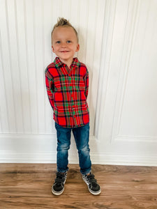 Jingle Bell Plaid Long Sleeve Button-Up
